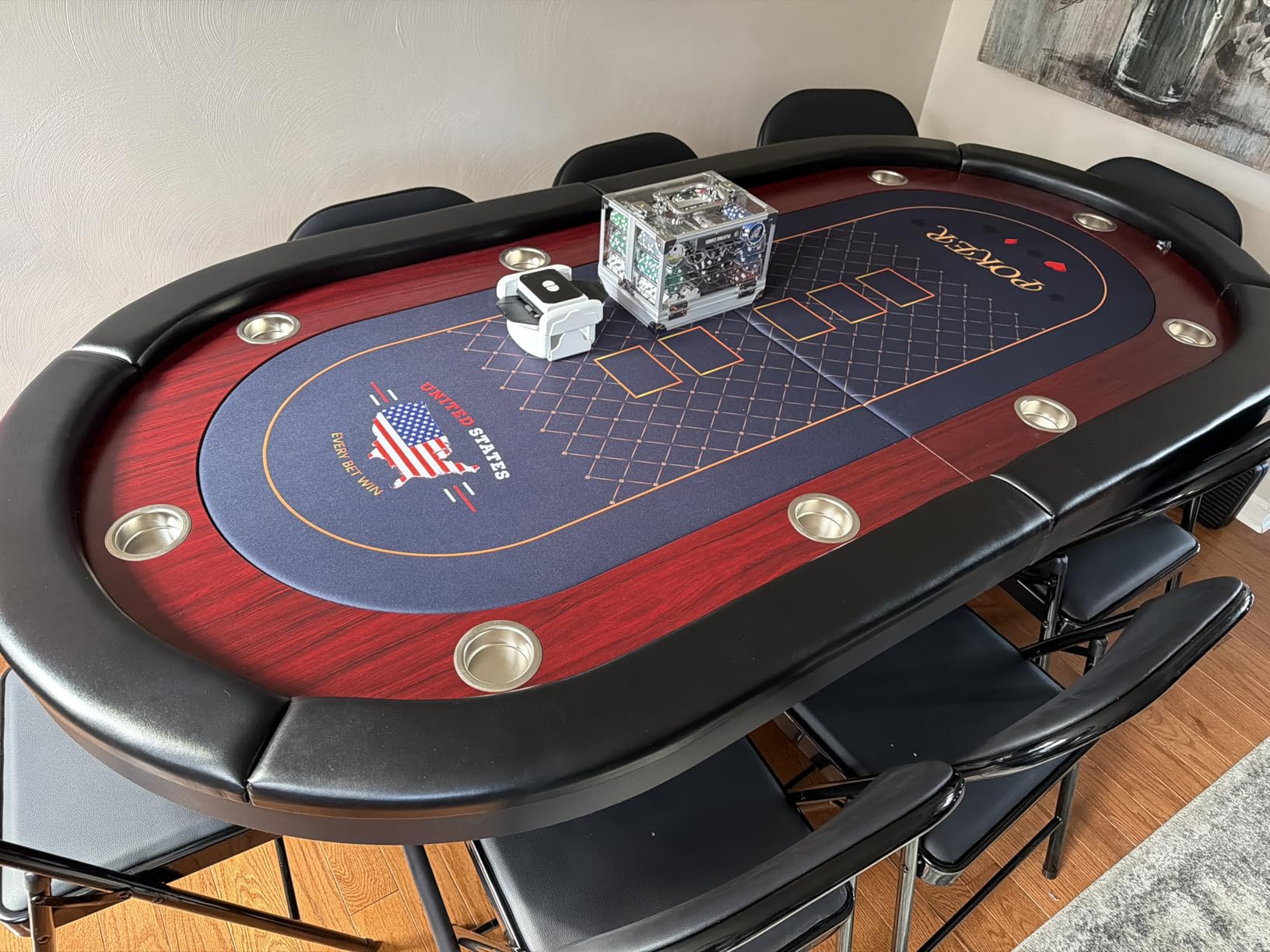 Foldable Poker Table with LED Lights, Octagon Casino Leisure Texas Holden Table for 8 Player, Folding Blackjack Table w/Built-in LED Light, Padded Rails & Cup Holders for Home Game Room customer photo 1