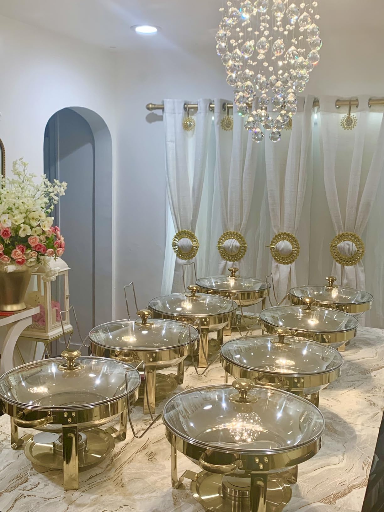 6.5QT 4 Pack Round Gold Chafing Dishes for Buffet with Glass Lid | Large Capacity, Rolled-edge, Stainless Steel Buffet Servers and Warmers, Food Warmers for Parties, Weddings, Catering customer photo 2