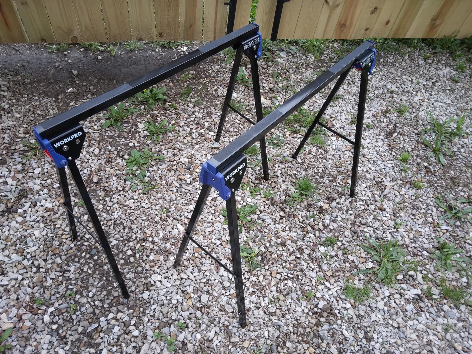 WORKPRO Folding Saw Horses 2 Pack, Heavy Duty Metal Sawhorse Supports 1800 lbs per Pair, Portable Foldable Work Stand with Lock & Carry Design for Woodworking, Garage, Workshop & Jobsite customer photo 2