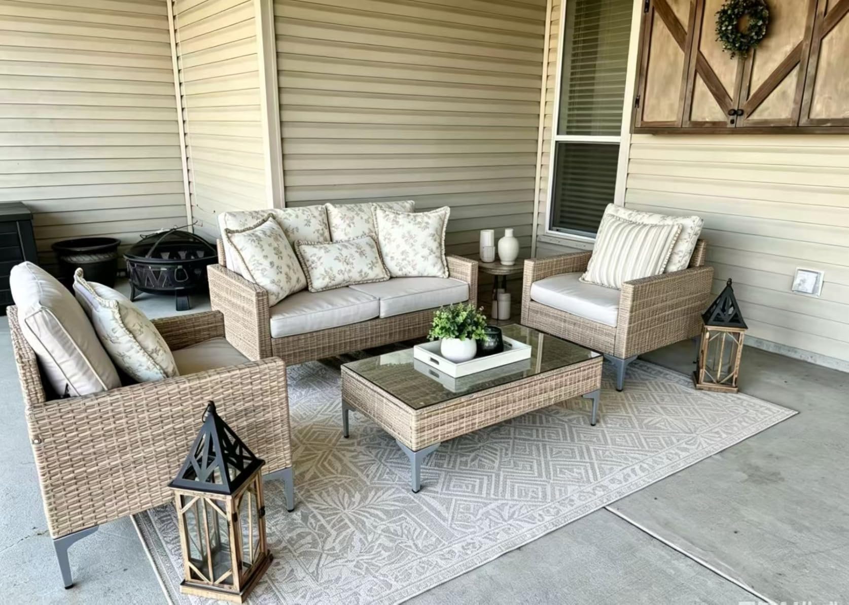 4-Piece Patio Furniture Set, Outdoor Wicker Patio Conversation Set with Tempered Glass Table, All-Weather Rattan Sectional Loveseat & Chairs with Thick Cushions for Garden, Deck, Backyard (Beige) customer photo 2
