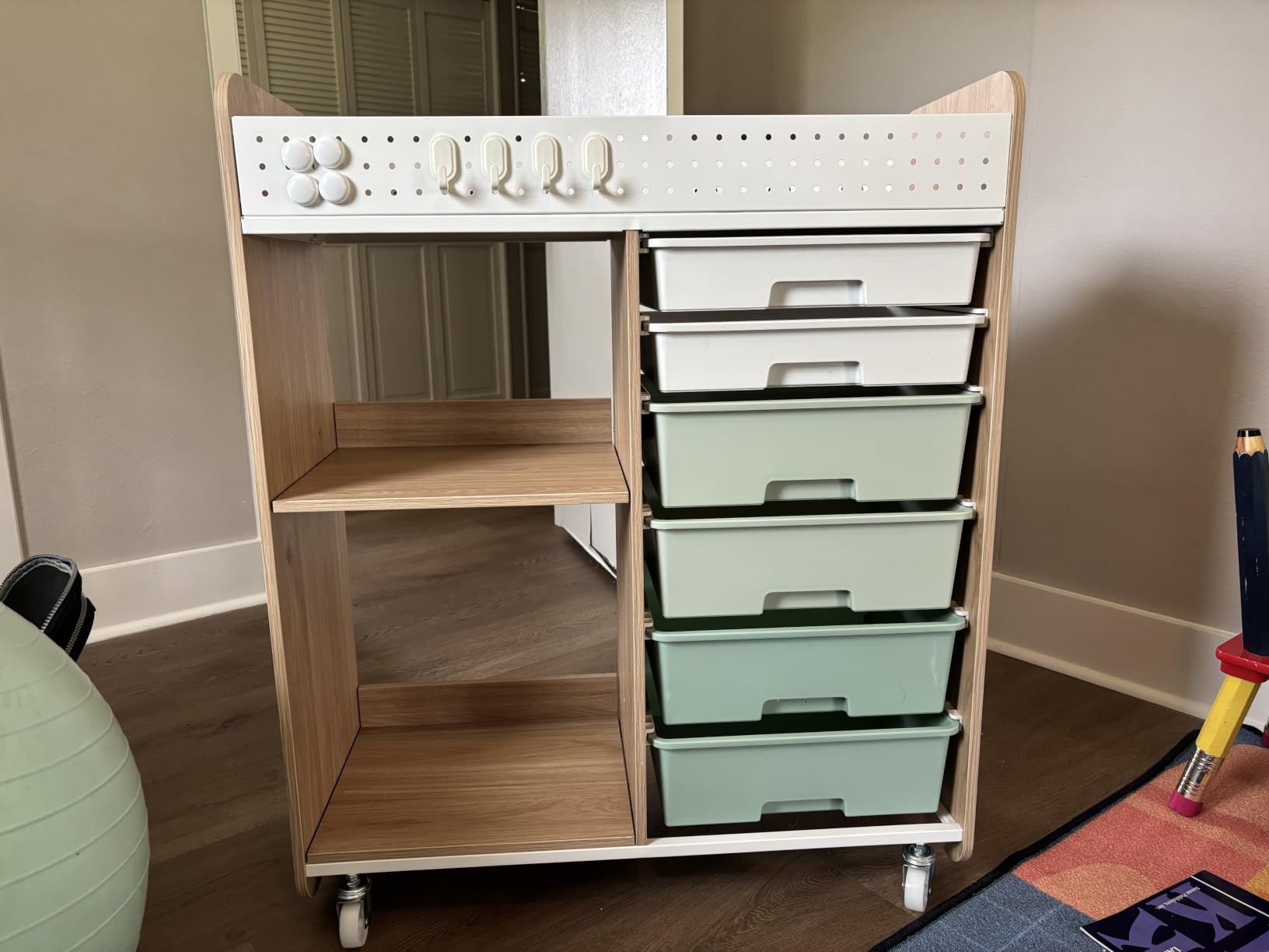 Rolling Craft Cart with 6 Drawers, Pegboard and Locking Wheels White | Ample multi-zone storage, 2 open shelves, art cart for classrooms, homeschool and offices, sturdy wood-metal frame customer photo 1