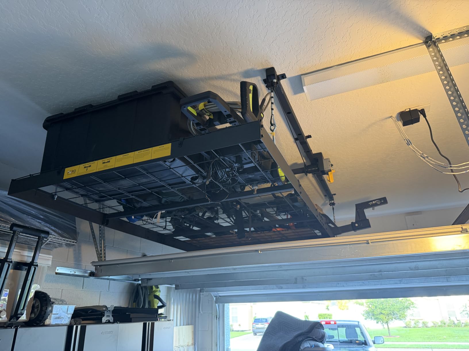 FERO Overhead Garage Storage Rack 4x8, 500 lb Heavy-Duty Capacity, Ceiling Mounted Storage Lift with Safety Lock, Drop Down Overhead Storage System, Garage Ceiling Hoist Organizer customer photo 1