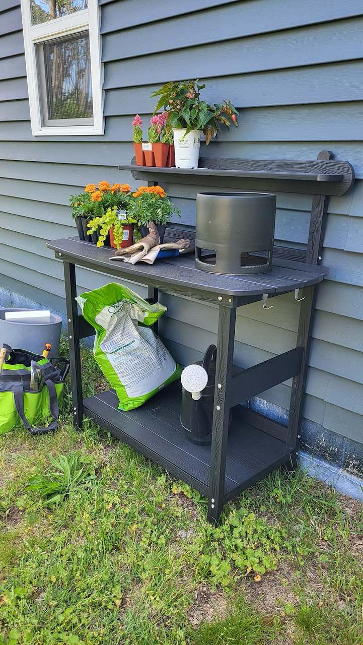 HIPS Outdoor Potting Table Bench with 3-Tier Storage Black | Wood Grain Worktop, Easy Assembly, Easy Clean, Suitable for Garden, Backyard, Patio, Lawn, Greenhouse customer photo 1