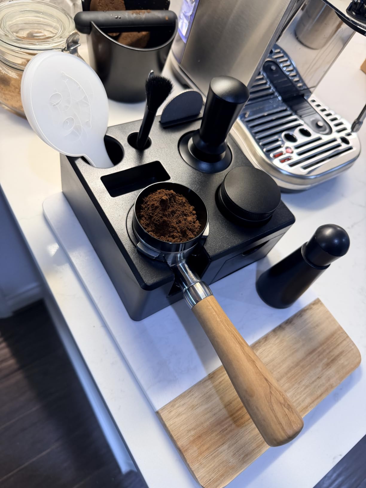 9 PCS 58mm Espresso Accessories Kit with Tamper Station | Coffee Tamper Set with WDT Tool, Distributor, Puck Screen, Dosing Funnel, Espresso Tool Kit for 58mm Portafilter customer photo 1