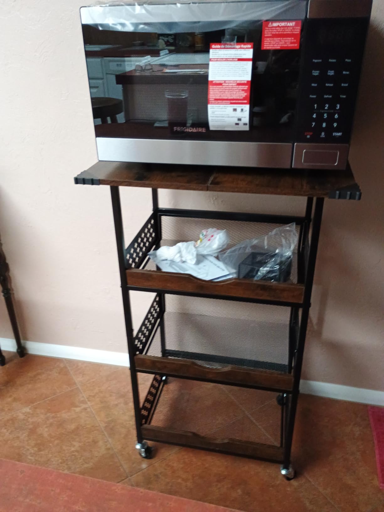 XYZLVSI Small Rolling Microwave Cart, 4 Tier Kitchen Storage Rack on Wheels | Small microwave stand, ideal for pantry/living room/office/entryway, wire basket, hooks, makeup organizer cart, coffee stand customer photo 2