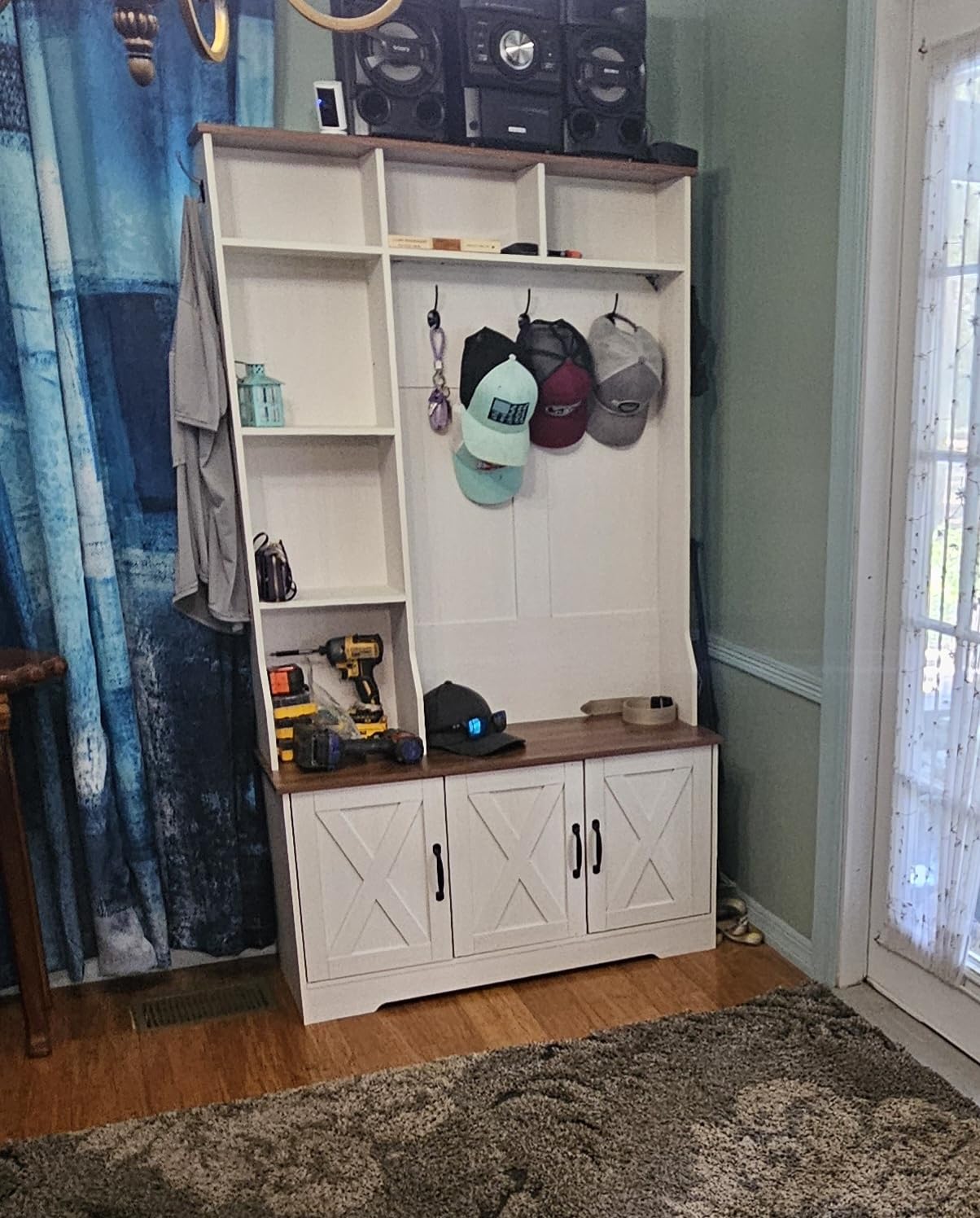 CSZZD Large Hall Tree with Bench and Shoe Storage, Coat Rack with LED Light | 59.1 inch Farmhouse Entryway Bench with 12 Coat Hooks, 5-in-1 Hall Tree with 8 Storage Cubbies, Adjustable Shelves customer photo 2