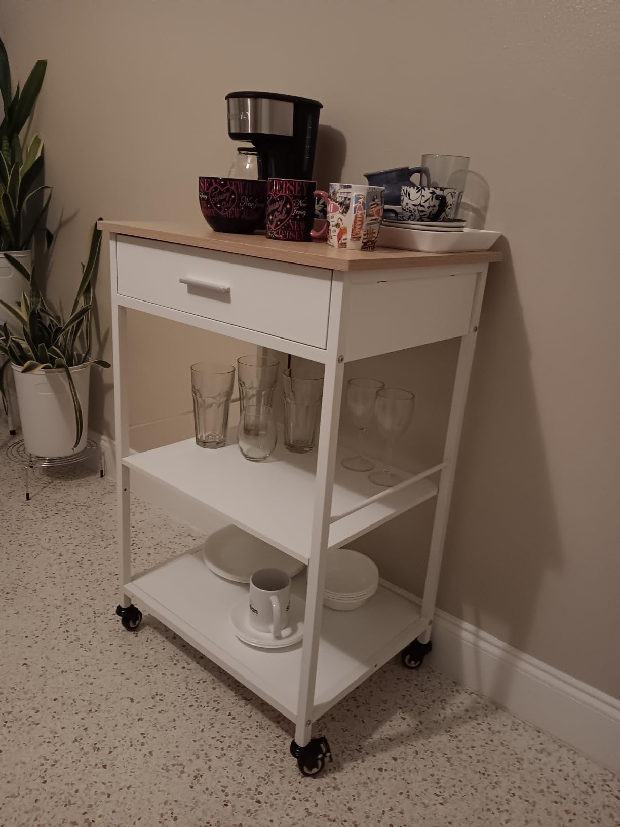 VASAGLE Kitchen Rolling Island, Mobile Kitchen Cart with Storage on Wheels, 17.7 x 38.8 x 35.4 Inches, Towel Rack, 2 Drawers, 2 Hooks, for Dining Room, Rustic Brown and Ink Black UKKI010KD01 customer photo 2