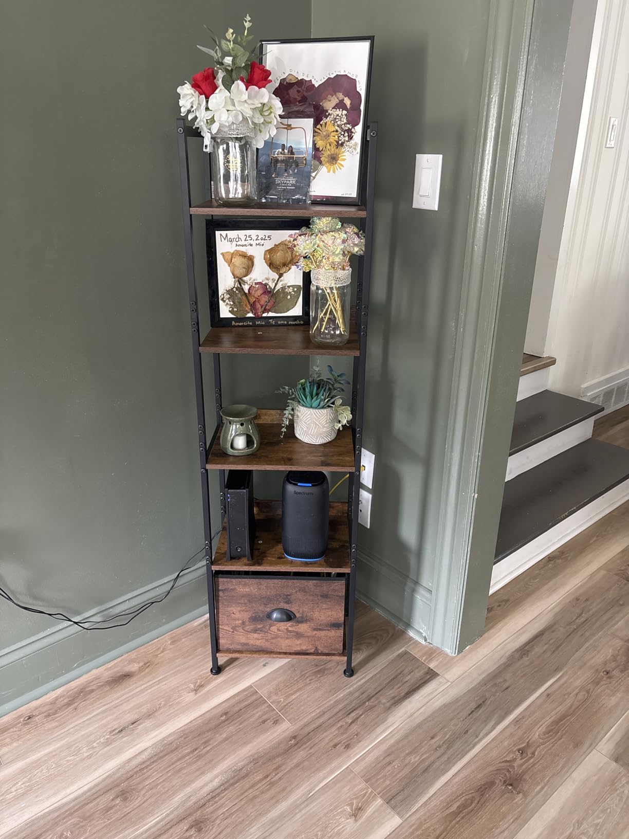 Furologee 5 Tier Bookshelf with Drawer, Tall Narrow Bookcase with Shelves, Wood and Metal Bookshelves Storage Organizer, Industrial Display Standing Shelf Unit for Bedroom, Living Room, Rustic Brown customer photo 2