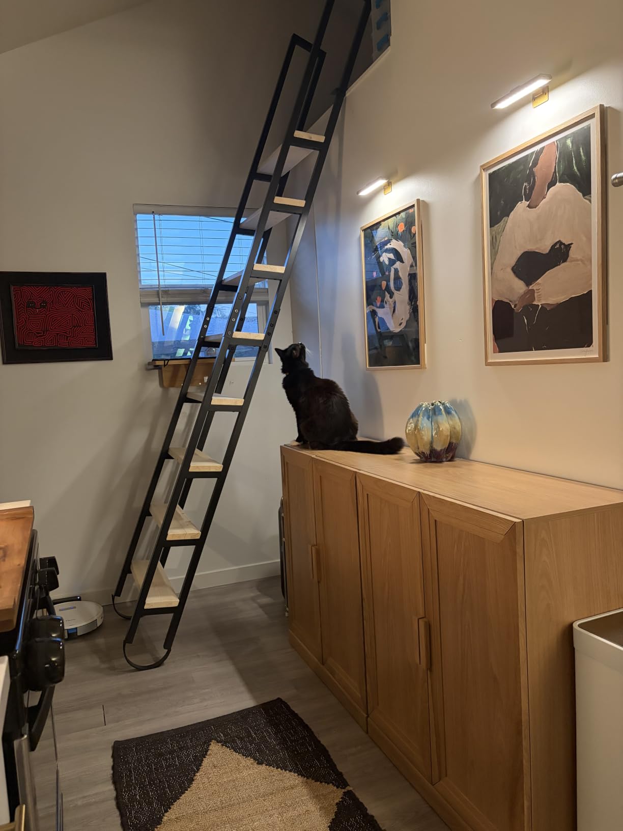 11.35FT Industrial Style Loft Ladder, 9 Steps with Black Steel Handrails & Solid Wood Steps, 450lbs Capacity, Fits 9.2-10FT Installation Height,for Attic, Kitchen, Warehouse,Bookshelf& Outdoor customer photo 1